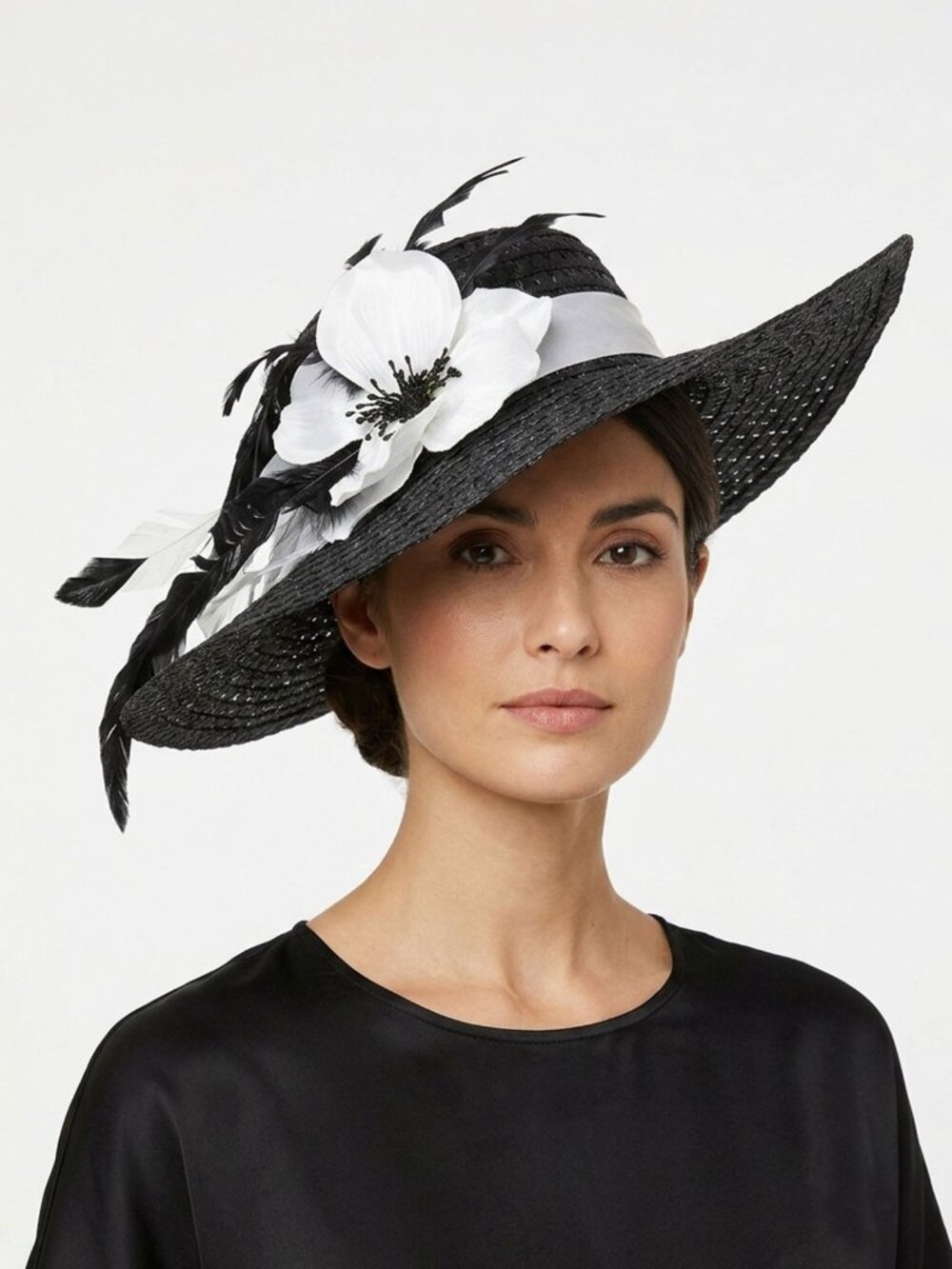 Large Wide Brim Sun Hat Black White Flower Feather Derby King’s Plate